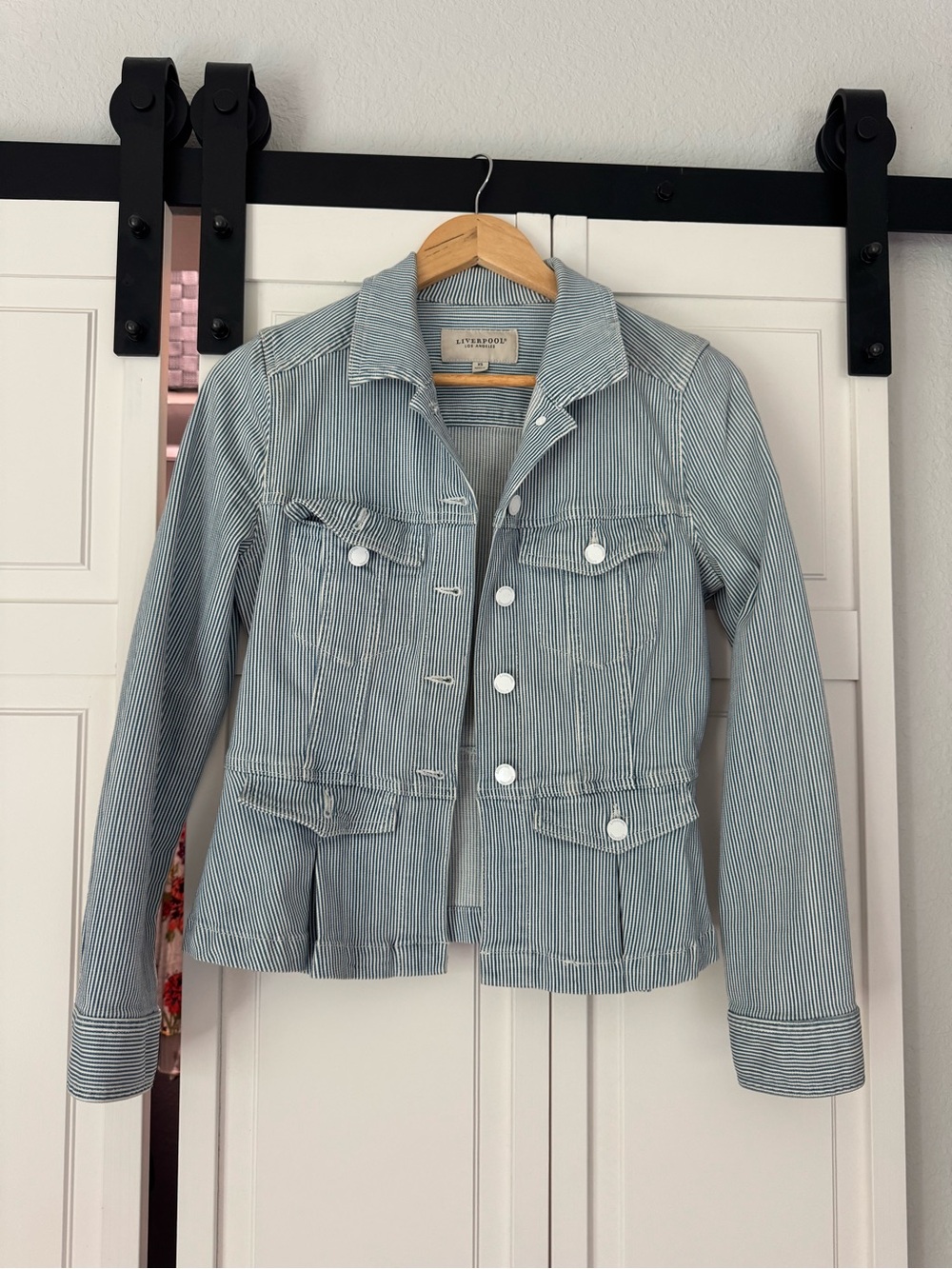 Liverpool Los Angeles Peplum Denim Jacket XS Chambray Stripe Blue White